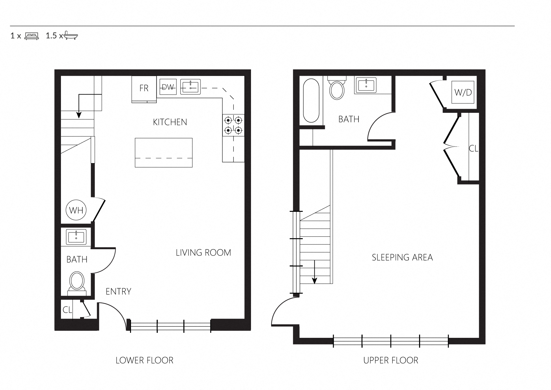 Floor plan for 1 bed, 1.5 baths, 1082 sqft